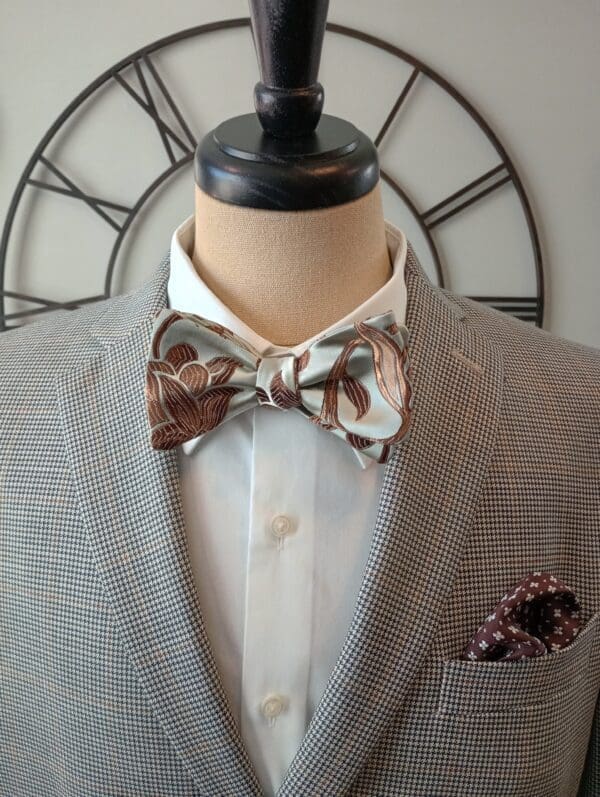 Silver Gray, Brown Floral Silk Bow Tie