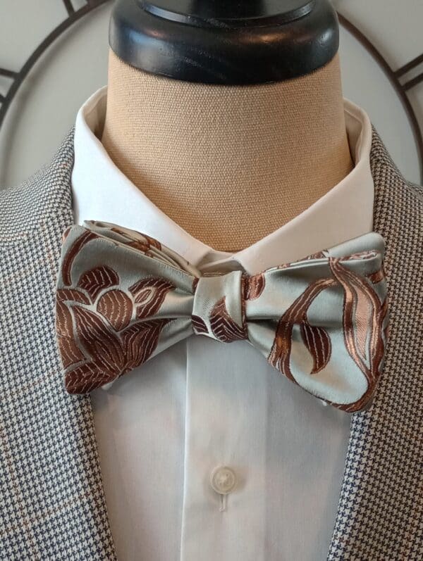 Silver Gray, Brown Floral Silk Bow Tie