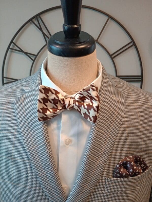 Brown Houndstooth Satin Bow Tie